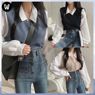 Áo polo nữ giả hai mảnh dài tay dáng rộng phong cách Hàn Quốc bốn màu tự chọn