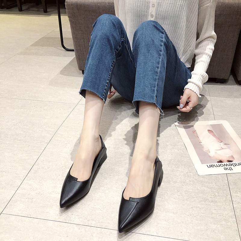 Giày Búp Bê Da Mềm Gót Dày Mũi Nhọn Thời Trang 2024 Cho Nữ