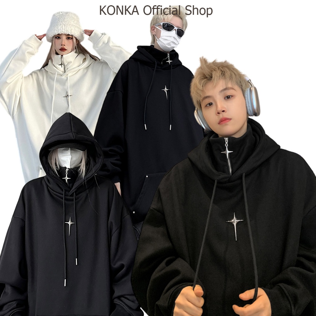 0328 Áo hoodie nam nữ cổ cao dáng rộng phối khóa kéo thời trang kiểu Ninja, áo nỉ hoodie Retro Mỹ, áo khoác hoodie zip