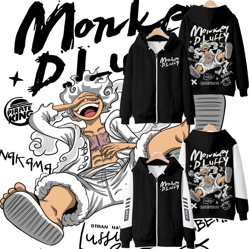 Anime mới One Piece Luffy Gear 5 Nika Dây Kéo Áo Khoác Nam Nhật Bản Thời Trang Nữ dáng rộng ❥ Áo Len In Unisex Áo Khoác Dài Tay Có Mũ Trùm Đầu Top Cosplay