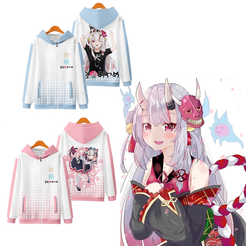 Anime mới HOLO LIVE Nakiri Ayame Áo Hoodie có dây kéo thời trang nam Nhật Bản dành cho nữ dáng rộng ❥ ❈ Áo len in hình Unisex Áo khoác dài tay có mũ trùm đầu Top Cosplay