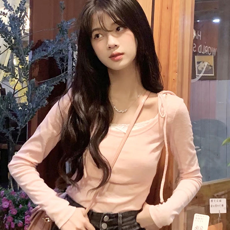 Áo Thun Dài Tay Giả Hai Lớp Phối Ren Phong Cách Đường Phố Cho Nữ