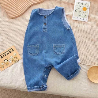 Áo liền quần Denim mềm mại không tay mùa xuân thu cho bé Jumpsuit dành cho nam và nữ Người nổi tiếng trên Internet và áo liền quần siêu dễ thương