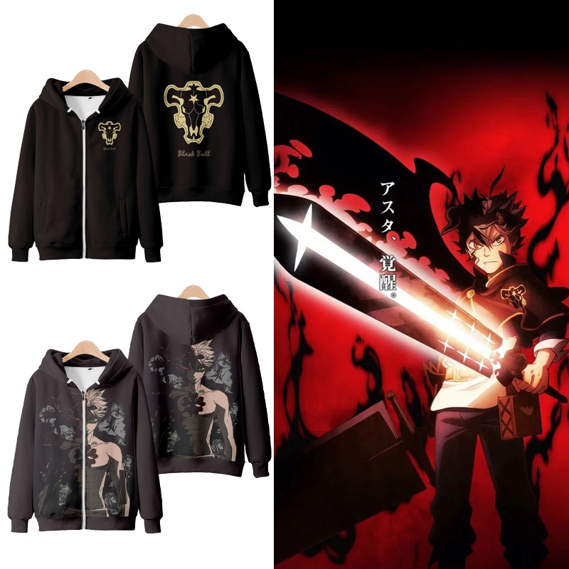 Anime Mới Cỏ Ba Lá Đen Dây Kéo Áo Khoác Nam Nhật Bản Thời Trang Nữ Lỏng Lẻo ❥ ❈ Áo Len In Unisex Áo Khoác Dài Tay Có Mũ Trùm Đầu Top Cosplay