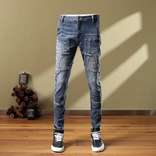 High quality retro men jeans with blue slim fit and multi pocket design high street style men jeans