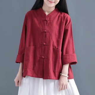 Áo Kiểu Sườn Xám Vải Lanh Cotton Plus Size Tay Dài Dáng Rộng Phong Cách Retro Cho Nữ