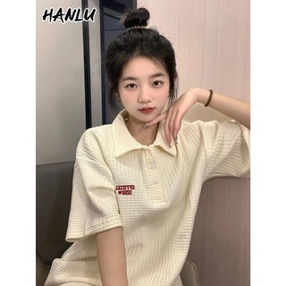 HANLU Áo Thun Nữ Ngắn Tay Cổ Bẻ Form Rộng Thiết Kế Mới