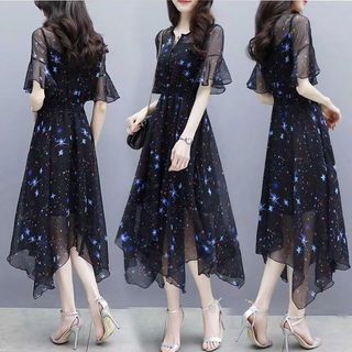 Đầm Chiffon Dài Tay Ngắn Eo Co Giãn In Họa Tiết Hoa Thời Trang Mùa Hè Xinh Xắn Cho Nữ
