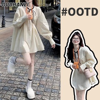 DUOHANZI  Set Áo Sơ Mi Tay Dài Phồng Kèm Chân Váy Búp Bê Đáng Yêu Cho Bé Gái