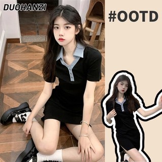 DUOHANZI  Đầm Ngắn Dáng Chữ A Màu Đen Tương Phản Phong Cách Pháp Thời Trang Mùa Hè Cho Nữ