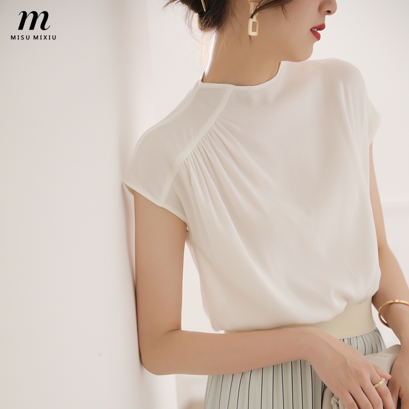 Misumixiu Áo Sơ Mi Lụa Trắng Tay Ngắn Phong Cách Pháp Thời Trang Cao Cấp Cho Nữ
