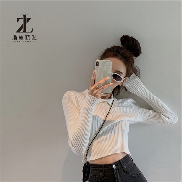 Áo dệt kim ZHELIHANGFEI dài tay cổ bẻ thiết kế ôm sát tôn dáng