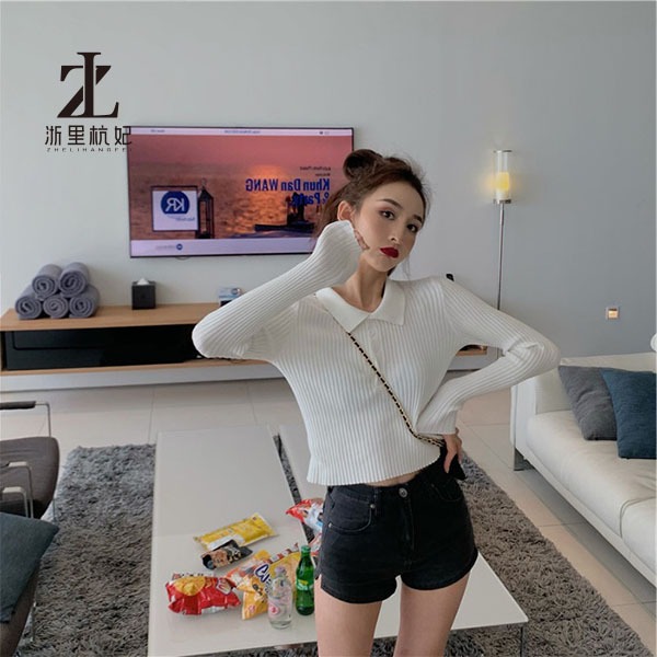 Áo dệt kim ZHELIHANGFEI dài tay cổ bẻ thiết kế ôm sát tôn dáng