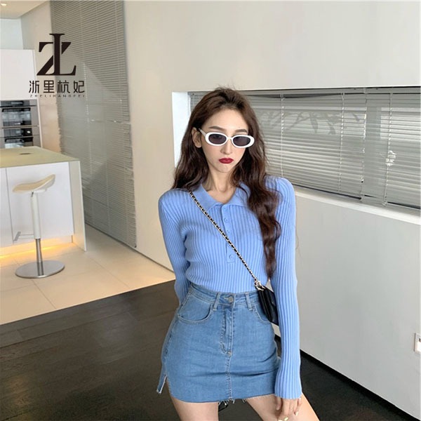 Áo dệt kim ZHELIHANGFEI dài tay cổ bẻ thiết kế ôm sát tôn dáng