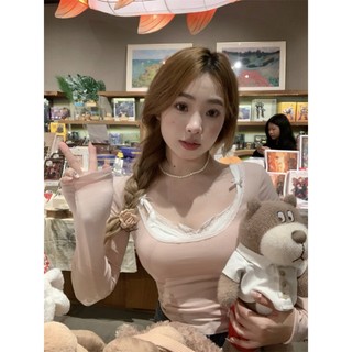【BANKO】Áo Thun Tay Dài Dáng Ôm Phối Ren Mỏng Màu Hồng Thời Trang Dành Cho Nữ