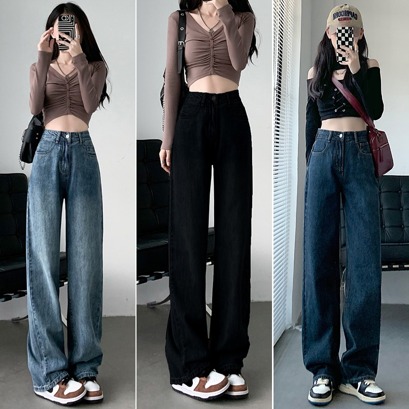 quần jean ống đứng Quần suông nữ cạp cao thắt quần bò nữ thời trang hàn quốc
