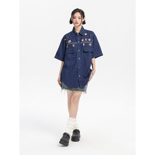 Áo Sơ Mi Denim Ngắn Tay Thêu Họa Tiết Hoạt Hình Thời Trang Mùa Hè Cho Cặp Đôi