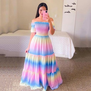 Đầm Dài Trễ Vai In Họa Tiết Hoa Nhí Xinh Xắn