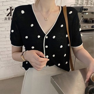 Áo cardigan ZHELIHANGFEI dệt kim tay ngắn cổ chữ V màu đen họa tiết chấm bi xinh xắn thời trang
