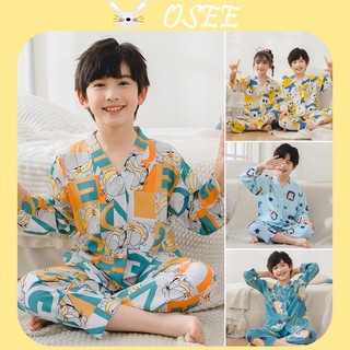 Bộ Đồ Ngủ Bằng Lụa Cotton Cổ Vỏ Sò Dành Cho Bé Trai 1-15 Tuổi