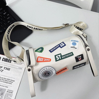 MLKSRH KQES Túi Đeo Chéo Da PU Hình Trụ In Chữ Thời Trang Cho Nam Nữ