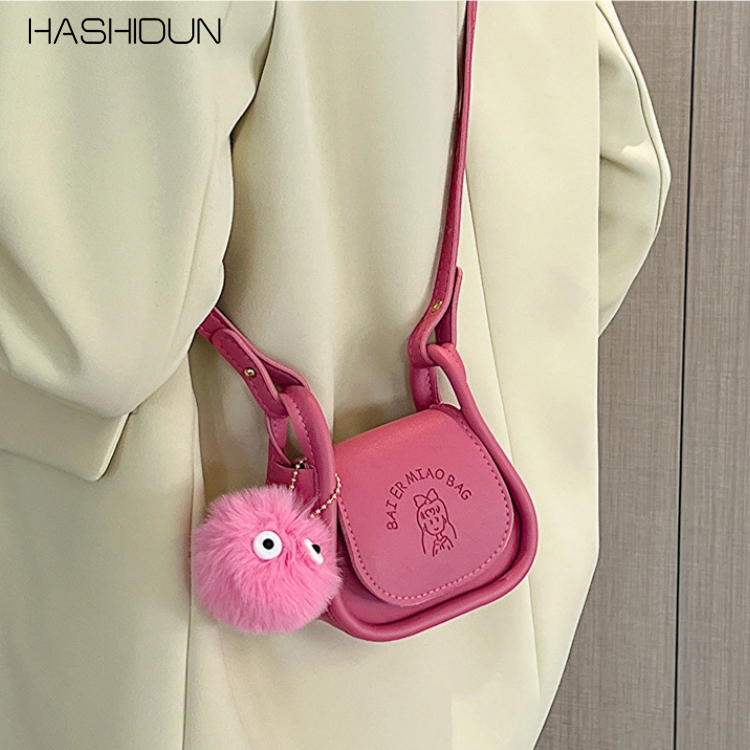 HASHIDUN Túi Đeo Chéo Mini Màu Trơn Đính Quả Bông Dễ Thương Thời Trang Mùa Hè Cho Nữ Y K