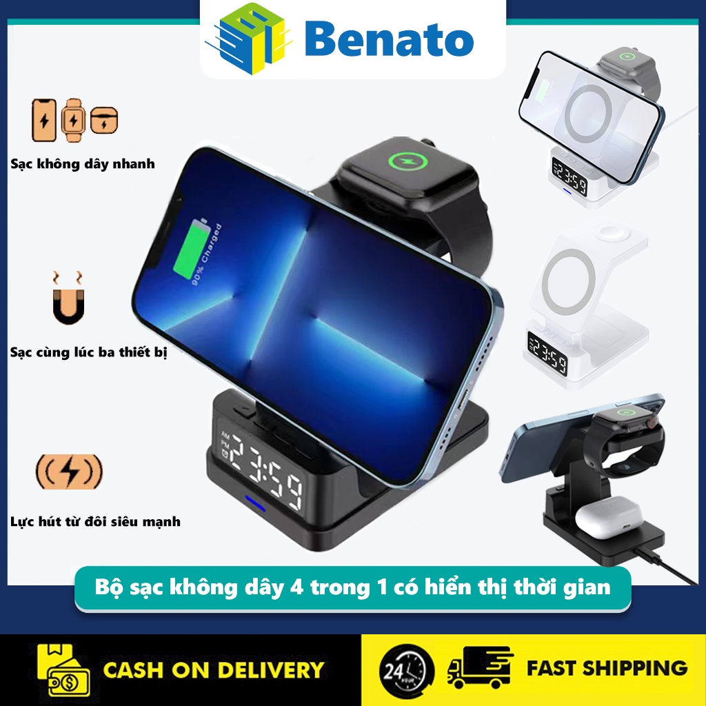 Sạc Không Dây Sạc nhanh không dây LHT1-4 trong 1 công suất cao 15w, bộ sạc không dây cho tai nghe, smartwatch, điện thoại,đồng hồ đèn led（Đồng hồ điện tử + đồng hồ báo thức thông minh）