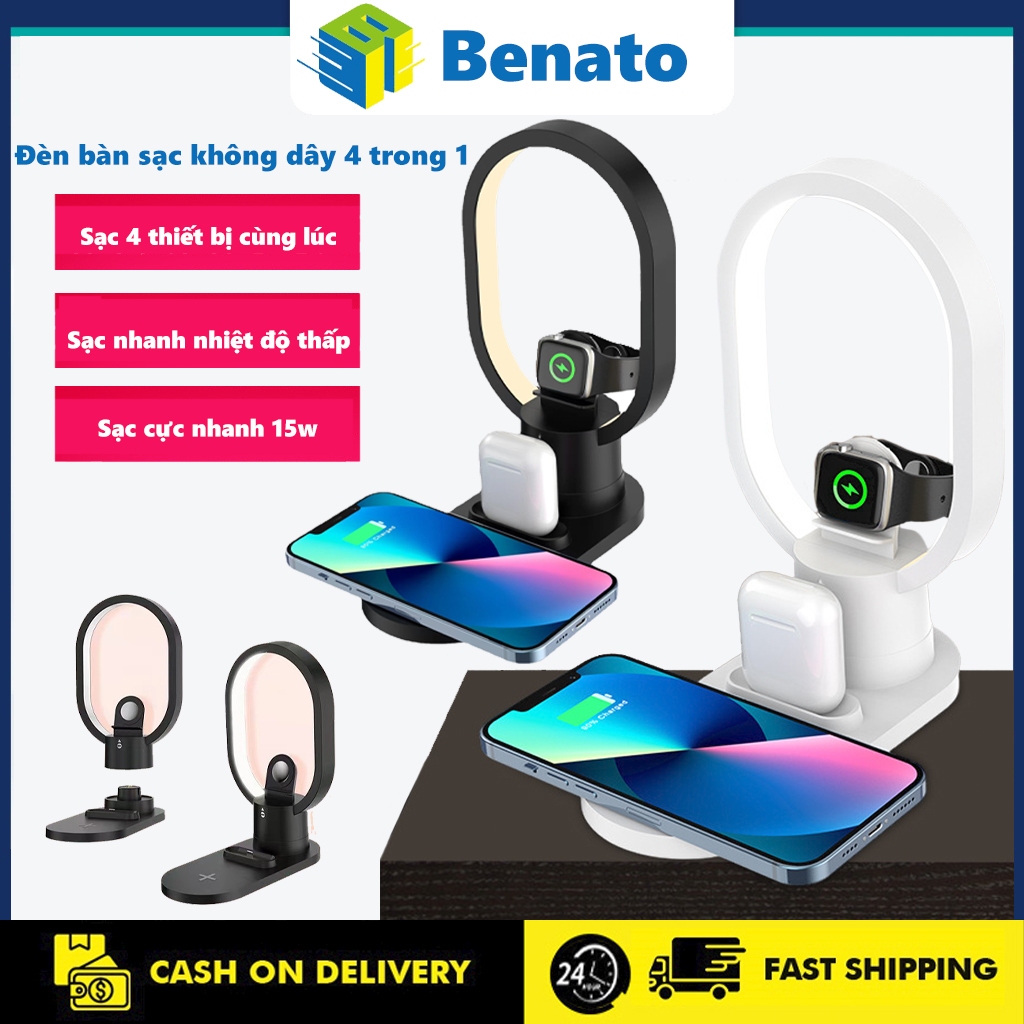 Sạc Không Dây Sạc nhanh không dây 4 trong 1 công suất cao 15w, bộ sạc không dây cho tai nghe, smartwatch, điện thoại,đồng hồ đèn led（Tích hợp đèn ngủ）