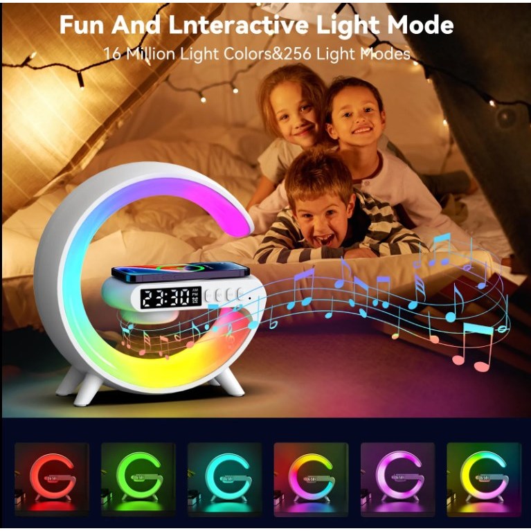 Đèn LED RGB Loa sạc không dây có đồng hồ báo thức QI 15W G Shape Đèn LED sạc không dây Đèn Ngủ Cho iphone samsung xiaomi huawei