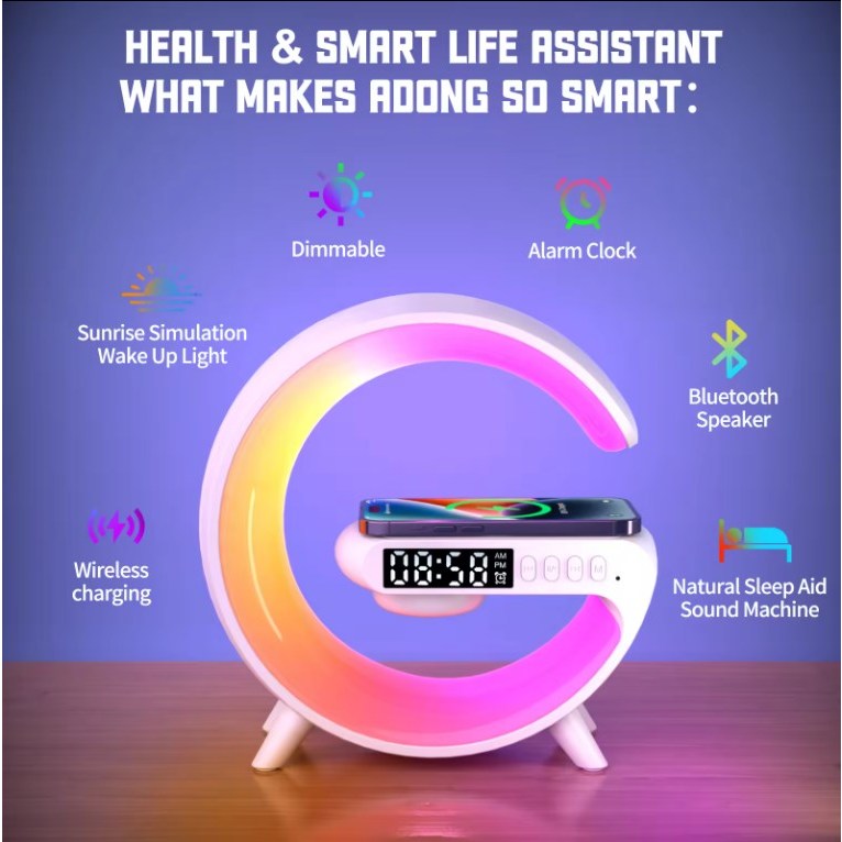 Đèn LED RGB Loa sạc không dây có đồng hồ báo thức QI 15W G Shape Đèn LED sạc không dây Đèn Ngủ Cho iphone samsung xiaomi huawei