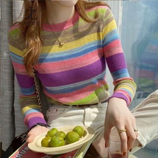 ZHELIHANGFEI Áo Thun Dệt Kim Tay Dài Cổ Tròn Họa Tiết Kẻ Sọc Màu Cầu Vồng Phong Cách Hàn Quốc Thời Trang Thu Đông Mới