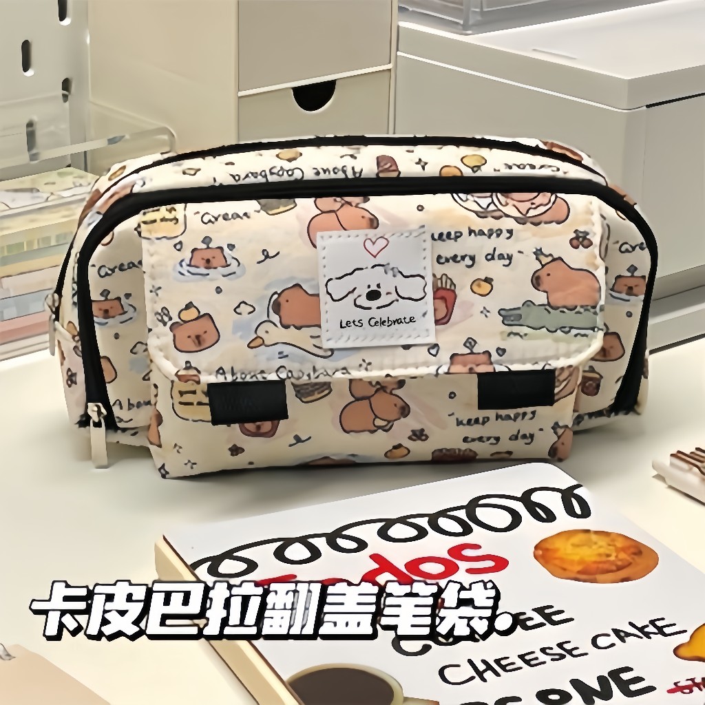 Túi Đựng Bút Chì / Mỹ Phẩm Nắp Lật Nhiều Ngăn Sức Chứa Lớn Siêu Bền In Họa Tiết Hoạt Hình kapibara Dễ Thương Ốp