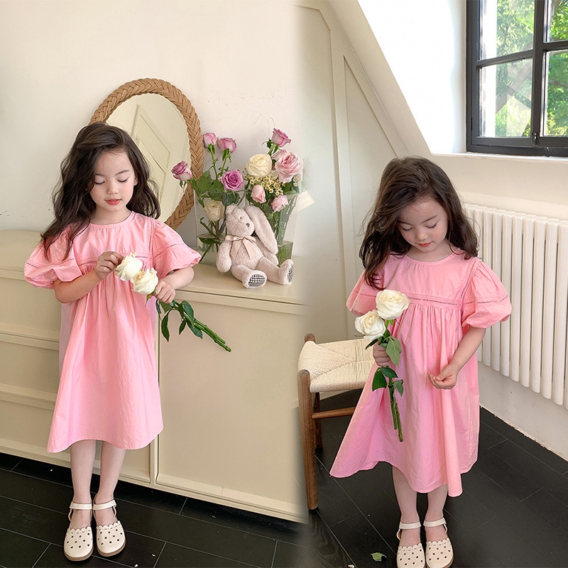 Đầm Công Chúa Mùa Hè Tay Phồng Màu Trơn Đáng Yêu Cho Bé Gái