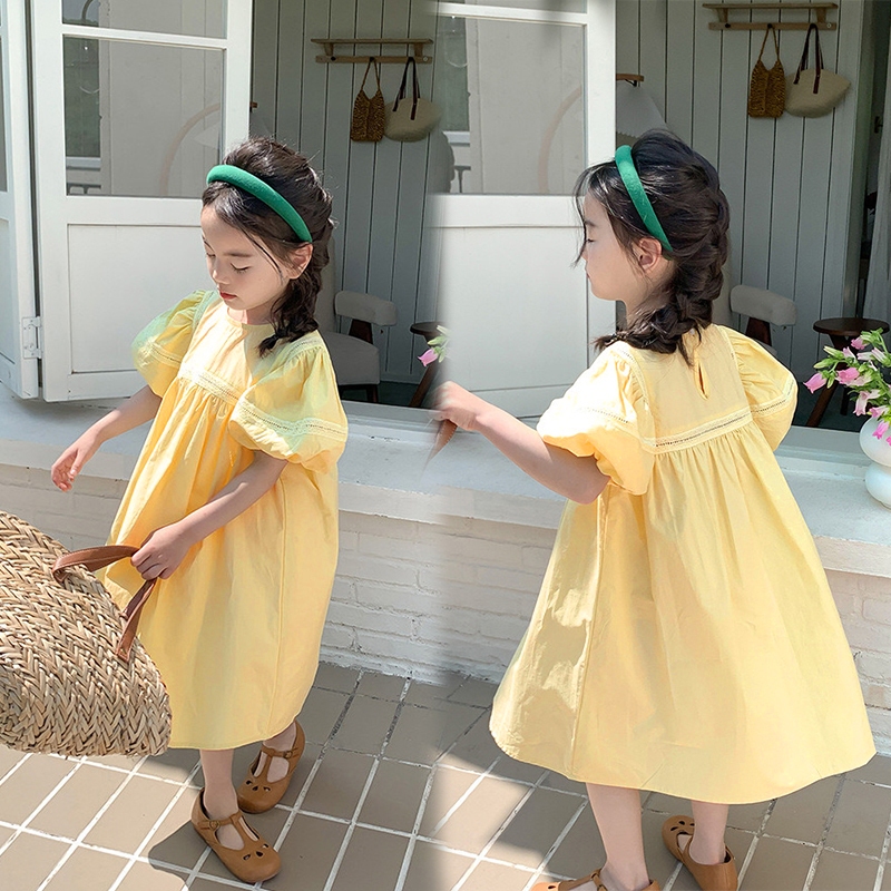 Đầm Công Chúa Mùa Hè Tay Phồng Màu Trơn Đáng Yêu Cho Bé Gái