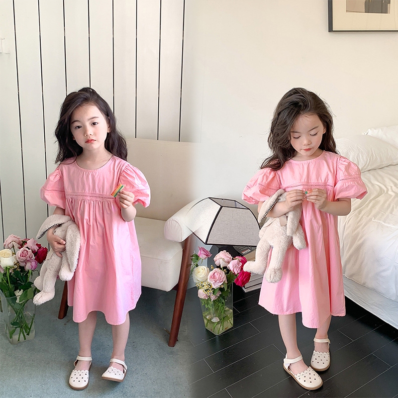 Đầm Công Chúa Mùa Hè Tay Phồng Màu Trơn Đáng Yêu Cho Bé Gái