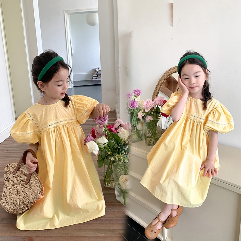 Đầm Công Chúa Mùa Hè Tay Phồng Màu Trơn Đáng Yêu Cho Bé Gái