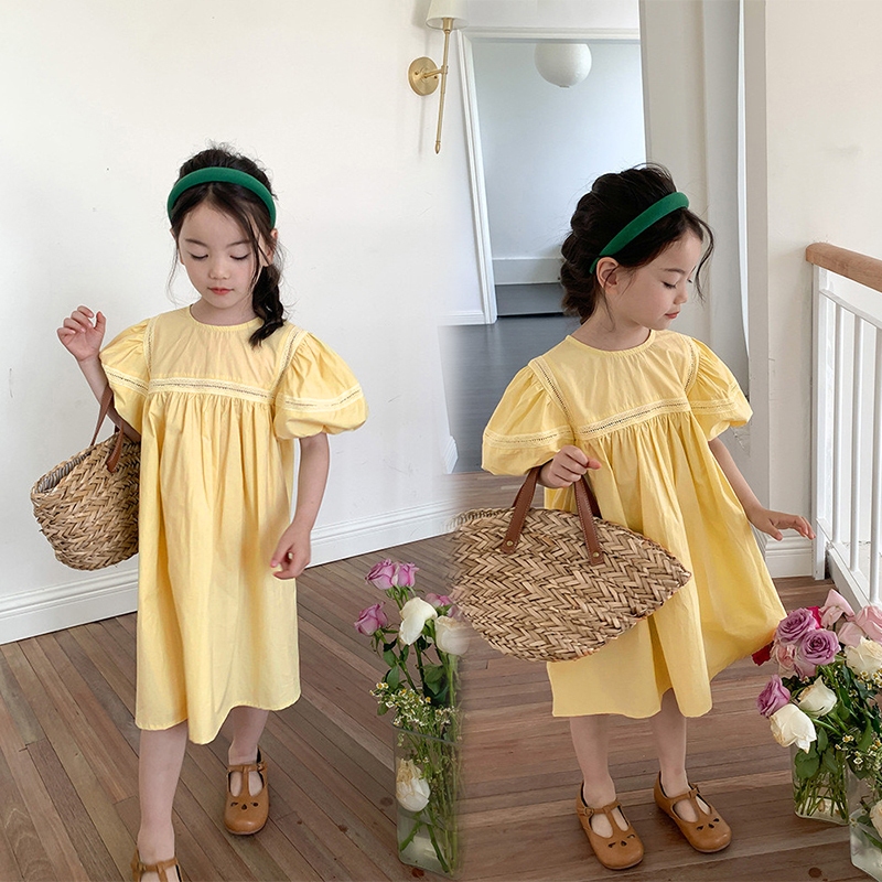 Đầm Công Chúa Mùa Hè Tay Phồng Màu Trơn Đáng Yêu Cho Bé Gái