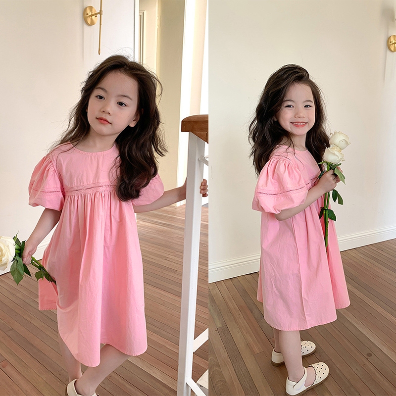 Đầm Công Chúa Mùa Hè Tay Phồng Màu Trơn Đáng Yêu Cho Bé Gái