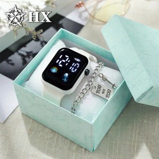 Vòng tay trẻ em HX Hot Slaes có tuổi thọ pin kép, dòng phi hành gia cầu vồng, màn hình hiển thị LED nhấp nháy thời gian và ngày, đồng hồ điện tử.