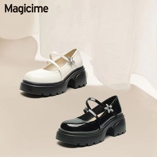 Magicime Hoa Giày Da Nhỏ Cao Gót Dày Đen Phù Hợp Với Thời Trang Bóng Học Sinh