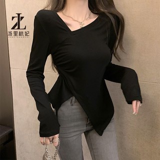 ZHELIHANGFEI Pure Desire Hot Girl Dây Rút Không Đều Áo Thun Dài Tay Nữ Slim-Fit Đáy Áo Sơ Mi Sang Trọng Top