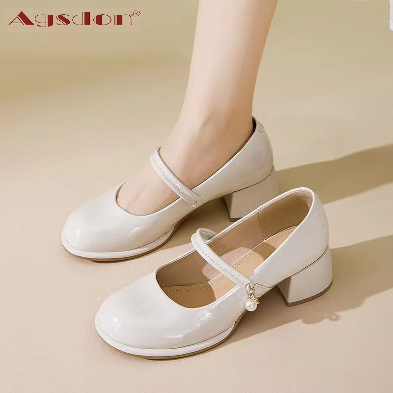 Agsdon Giày Agsdon Mary Jane Nữ  Phong Cách Mới Mùa Xuân Đỏ Dày Gót Giày Pháp