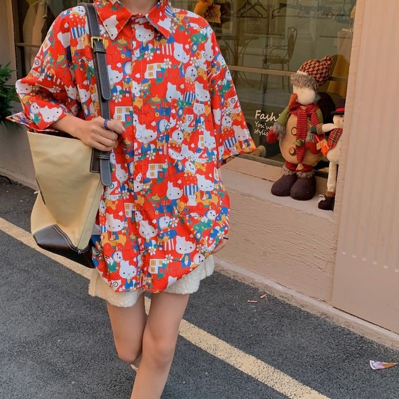 Áo Sơ Mi chiffon Tay Ngắn In Họa Tiết Trái Tim Thời Trang Mùa Hè Dành Cho Nữ