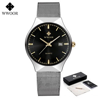 Wwoor đồng hồ nam thời trang siêu mỏng lưới thép thạch anh đồng hồ chống thấm nước ngày đồng hồ đeo tay - 8016