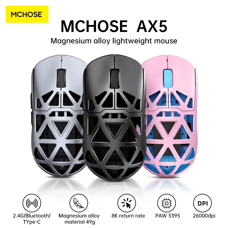 Chuột không dây hợp kim magiê Mchose AX5 Paw3395 Cảm biến Bắc Âu 52840 8K Chip ba chế độ Fps Chuột chơi game 49g Chuột văn phòng