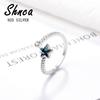 Thời trang ngọt ngào bạc 925 ngôi sao năm cánh xanh zircon ngôi sao nữ mở nhẫn xr074