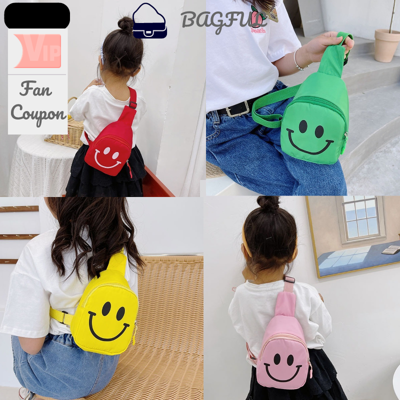 Túi đeo chéo trước ngực họa tiết mặt cười thời trang, thích hợp cho bé trai, bé gái khi đi chơi