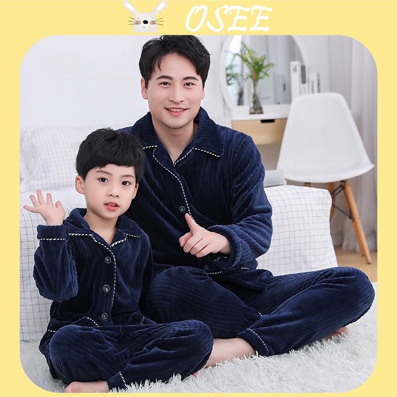 Bộ Đồ Ngủ Vải Lông Cừu San Hô Cổ Bẻ Thời Trang Thu Đông Dành Cho Gia Đình Cha Mẹ Và Bé Trai