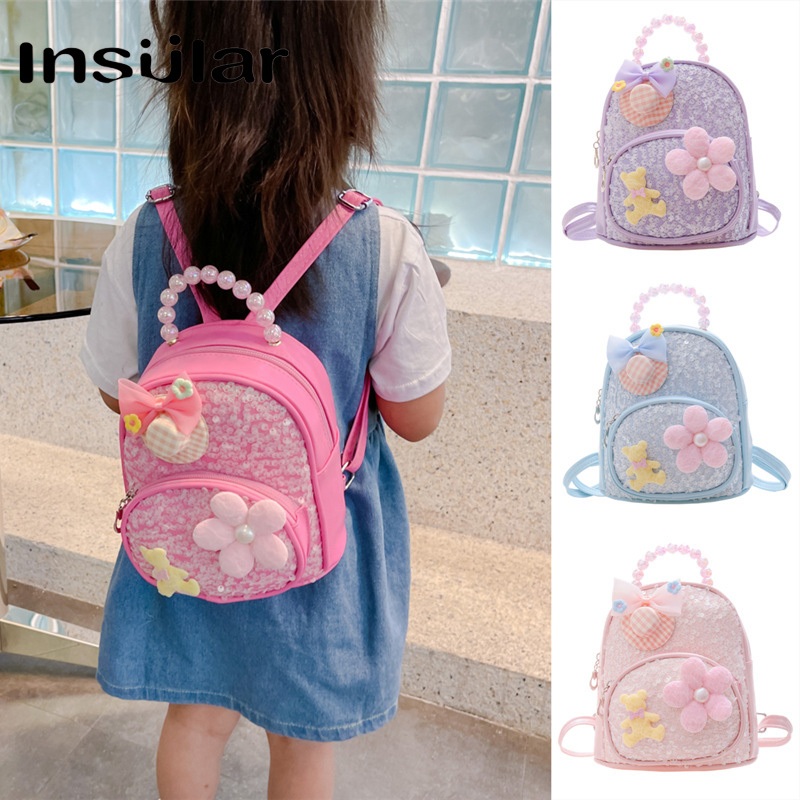INSULAR Ba Lô Da PU Đính Nơ Đính Kim Sa Lấp Lánh Phong Cách Hàn Quốc Cho Bé Gái