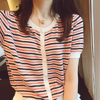 Áo cardigan ZHELIHANGFEI dệt kim tay ngắn kẻ sọc mềm mại siêu nhẹ tùy chọn màu sắc